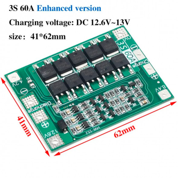 Плата защиты аккумулятора BMS 3S 60A 12.6 для Li-ion в Якутске